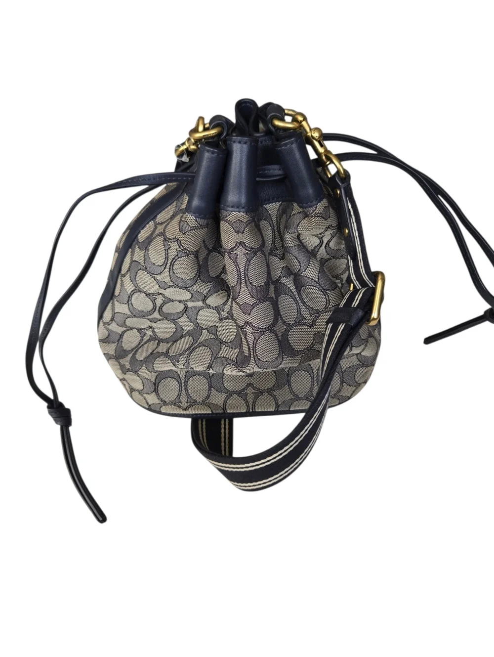 Coach Signature Canvas Bucket Bag Navy Crossbody Drawstring Leather Trim - Picture 1 of 7
